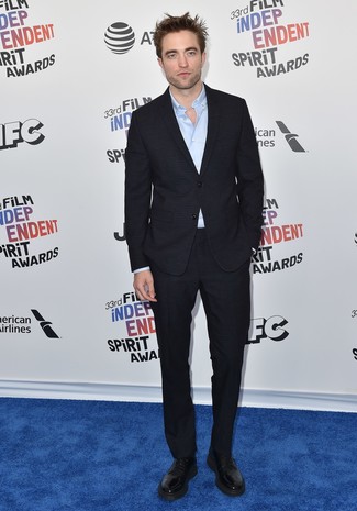 Robert Pattinson wearing Black Leather Derby Shoes, Light Blue Long Sleeve Shirt, Black Suit