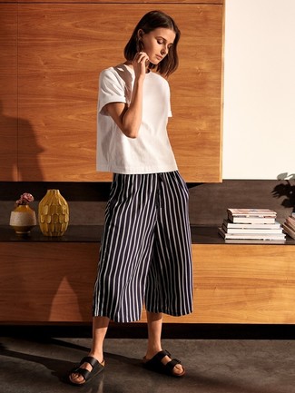 Women's Black Leather Flat Sandals, Black and White Vertical Striped Culottes, White Crew-neck T-shirt