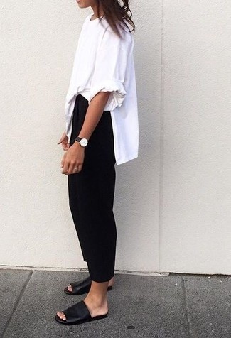 Black Leather Flat Sandals Outfits: 