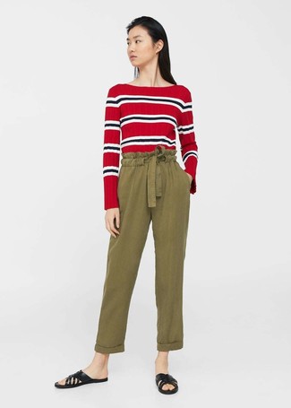 Red Horizontal Striped Long Sleeve T-shirt Outfits For Women: 