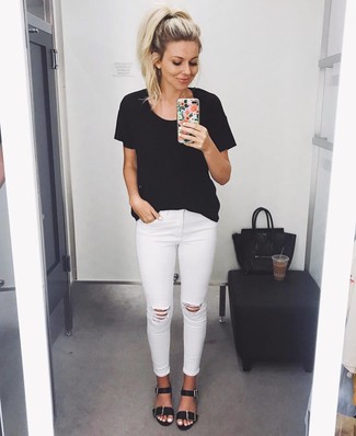 Women's Black Leather Flat Sandals, White Ripped Skinny Jeans, Black Crew-neck T-shirt