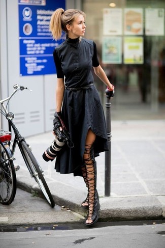 Black Leather Knee High Gladiator Sandals Outfits: 
