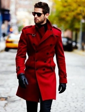 Men's Black Leather Gloves, Navy Chinos, Red Trenchcoat