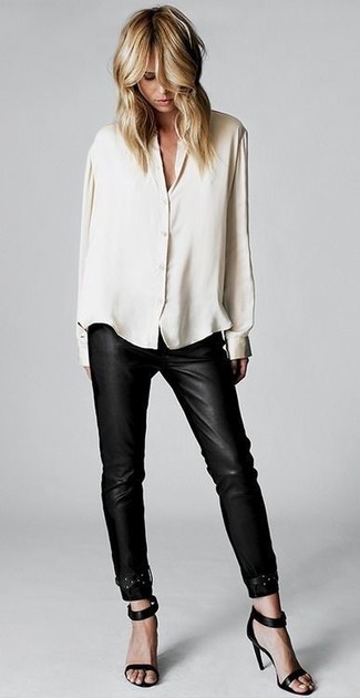 Women's Black Leather Heeled Sandals, Black Leather Skinny Pants, Beige Button Down Blouse