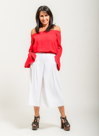 Women's Black Chunky Leather Heeled Sandals, White Culottes, Red Off Shoulder Top