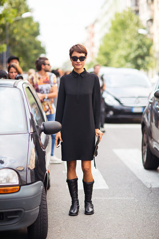 Women's Black Leather Knee High Boots, Black Shift Dress
