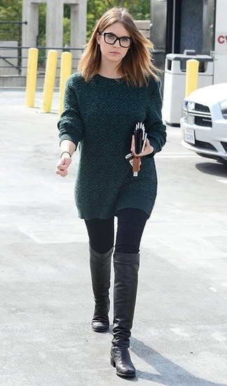 Ashley Benson wearing Black Leather Knee High Boots, Black Skinny Jeans, Dark Green Print Crew-neck Sweater