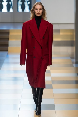 Women's Black Leather Knee High Boots, Black Turtleneck, Red Coat