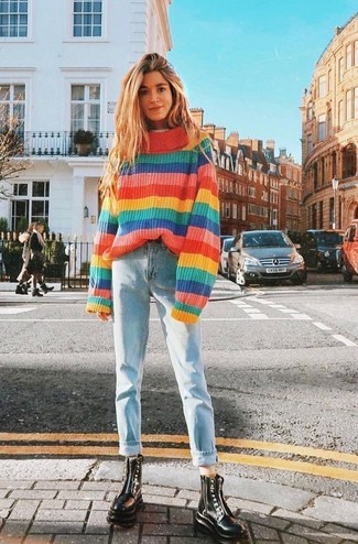 Multi colored Horizontal Striped Oversized Sweater Outfits: 