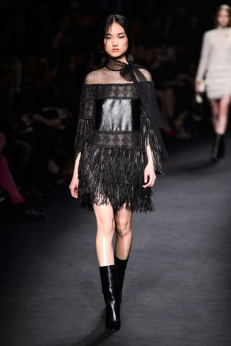 Black Fringe Leather Shift Dress Outfits: 
