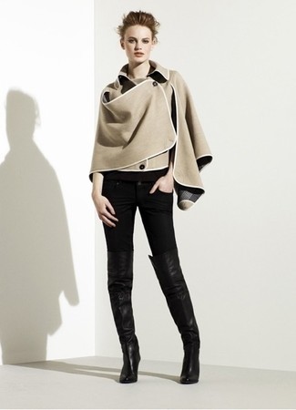 Women's Black Leather Over The Knee Boots, Black Skinny Jeans, Beige Cape Coat