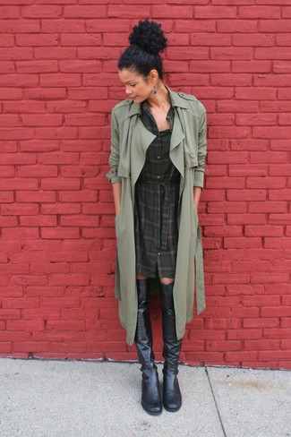 Women's Black Leather Over The Knee Boots, Dark Green Plaid Shirtdress, Olive Trenchcoat