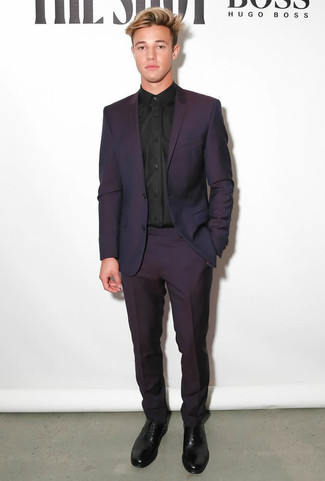 Black Dress Shirt with Violet Suit Outfits: 