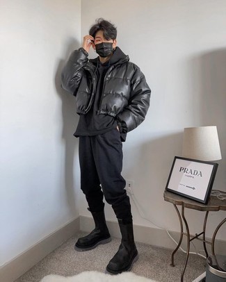 Black Track Suit Outfits For Men: Fashionable and comfortable, this relaxed casual combo of a black track suit and a black leather puffer jacket will provide you with variety. For a more sophisticated spin, why not complete your look with black leather chelsea boots?