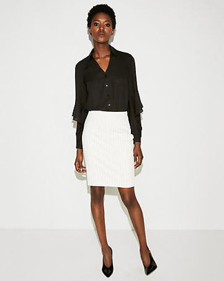 Women's Black Leather Pumps, White Pencil Skirt, Black Chiffon Button Down Blouse