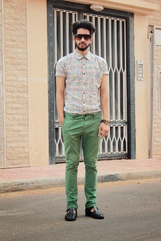 Men's Black Woven Leather Sandals, Green Chinos, White Geometric Short Sleeve Shirt