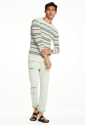 Beige Horizontal Striped Crew-neck Sweater Summer Outfits For Men: 