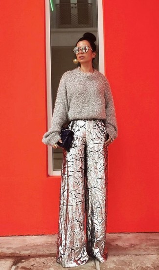 Silver Wide Leg Pants Outfits: 