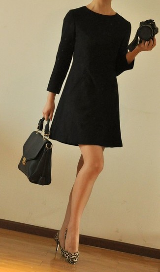 Women's Black Leather Satchel Bag, Tan Leopard Calf Hair Pumps, Black Shift Dress