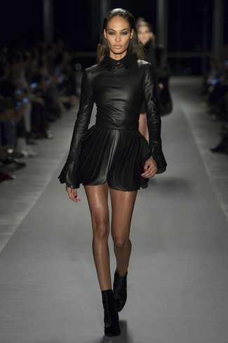 Women's Black Leather Skater Dress, Black Velvet Ankle Boots