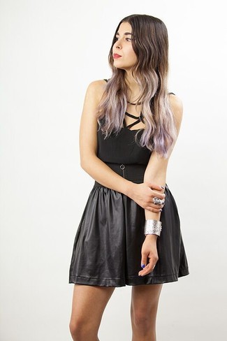 Black Leather Skater Skirt Casual Outfits: 