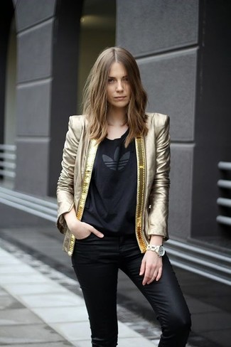 Women's Black Leather Skinny Jeans, Black Print Crew-neck T-shirt, Gold Blazer