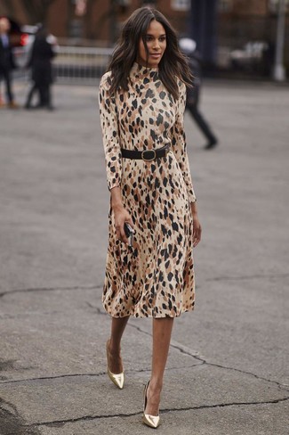 Beige Leopard Midi Dress Outfits: 
