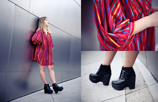 Women's Black Leather Wedge Ankle Boots, Multi colored Vertical Striped Swing Dress