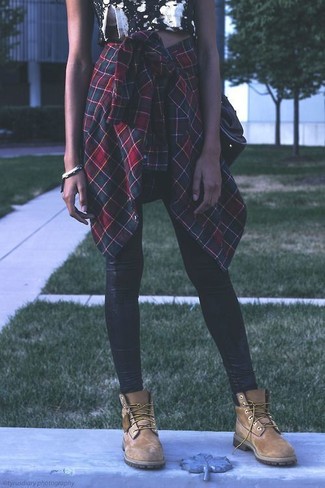 Green and Red Plaid Dress Shirt Outfits For Women: 