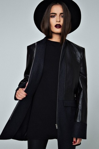 Women's Black Wool Hat, Black Leggings, Black Oversized Sweater, Navy Coat