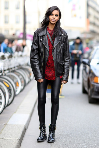 Women's Black Leather Ankle Boots, Black Leather Leggings, Red Polka Dot Button Down Blouse, Black Leather Biker Jacket