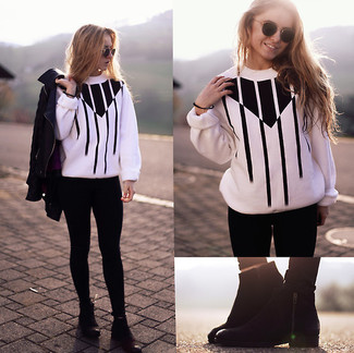 White and Black Geometric Crew-neck Sweater Outfits For Women: 
