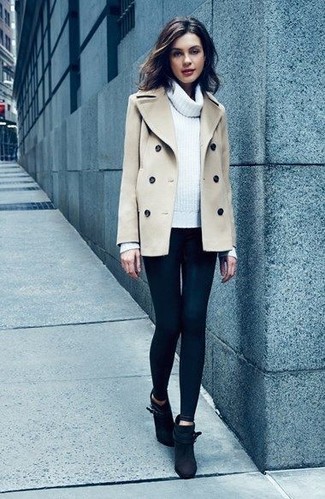 Beige Pea Coat Outfits For Women: 