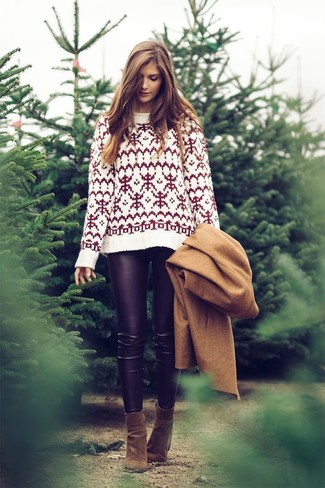 White and Red Fair Isle Crew-neck Sweater Outfits For Women: 