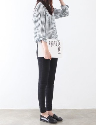 White and Black Check Dress Shirt Outfits For Women: 