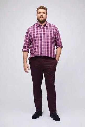 Purple Plaid Long Sleeve Shirt Outfits For Men: 
