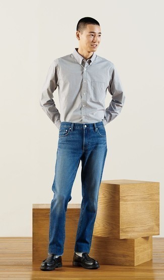 Men's White Socks, Black Leather Loafers, Navy Jeans, White and Black Check Long Sleeve Shirt