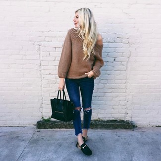 Women's Black Leather Tote Bag, Black Leather Loafers, Navy Ripped Skinny Jeans, Brown Knit Oversized Sweater