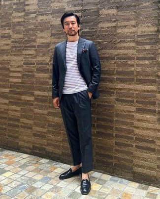 Men's Dark Brown Print Pocket Square, Black Leather Loafers, White Horizontal Striped Crew-neck T-shirt, Charcoal Suit