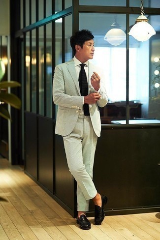 Men's Black Horizontal Striped Tie, Black Leather Loafers, White Dress Shirt, Mint Suit