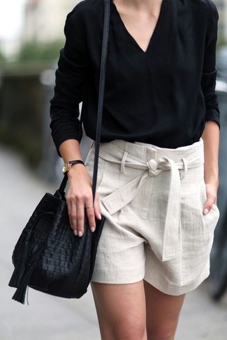 Women's Black Long Sleeve Blouse, Beige Linen Shorts, Black Leather Bucket Bag