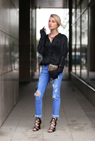 Women's Black Lace Long Sleeve Blouse, Blue Ripped Skinny Jeans, Black  Suede Heeled Sandals, Multi colored Leather Clutch