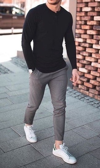 Men's Black Long Sleeve Henley Shirt, Grey Chinos, White Leather Low ...