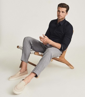 Men's Black Long Sleeve Shirt, Grey Chinos, Beige Canvas Loafers
