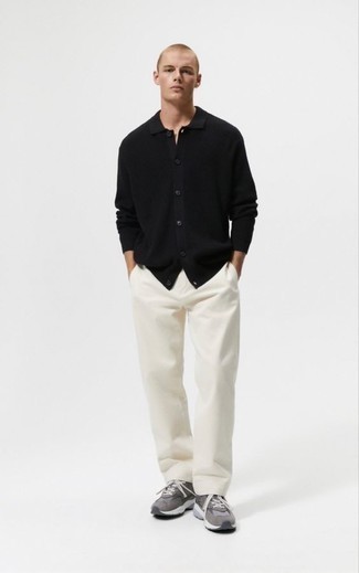 White Chinos Outfits: This pairing of a black long sleeve shirt and white chinos is solid proof that a safe casual outfit doesn't have to be boring. Break up this ensemble with grey athletic shoes.