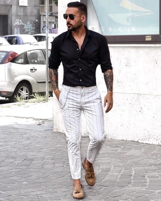 Men's Black Long Sleeve Shirt, White Vertical Striped Chinos, Tan Suede Tassel Loafers, Black Sunglasses