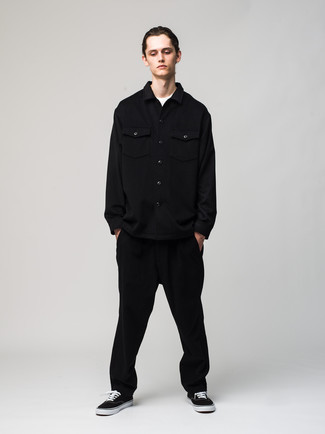 Men's Black Wool Long Sleeve Shirt, White Crew-neck T-shirt, Black Chinos, Black and White Canvas Low Top Sneakers