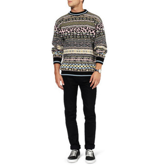 Black Fair Isle Crew-neck Sweater Outfits For Men: 