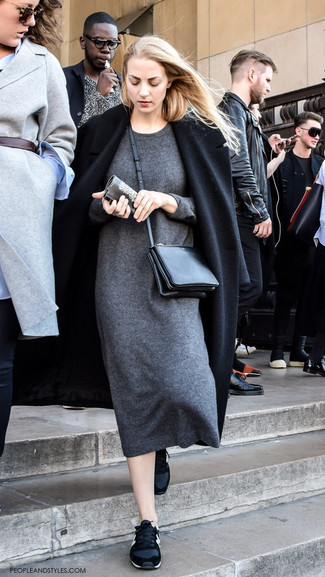 Women's Black Leather Crossbody Bag, Black Suede Low Top Sneakers, Charcoal Sweater Dress, Black Coat