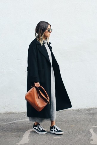 Women's Tobacco Leather Tote Bag, Black Low Top Sneakers, Grey Sweater Dress, Black Coat